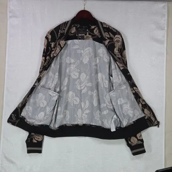 Porter & Ash Floral Bomber Jacket Black Tan Hibiscus FullZip Inner Pockets Large - Picture 6 of 14